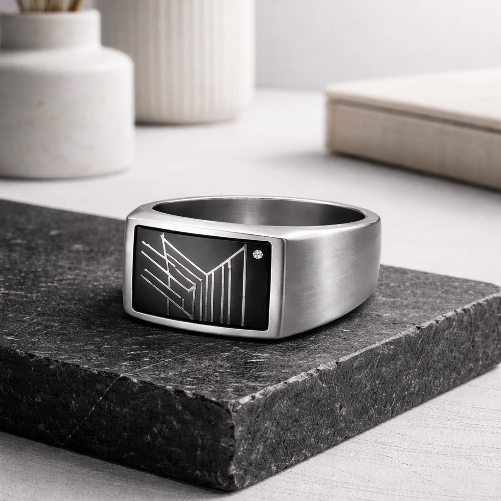 minimalist ring on black matte concrete-. white and beige background with flowers in vase in background