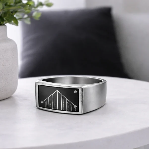 architectural ring with grey background and clean lines.