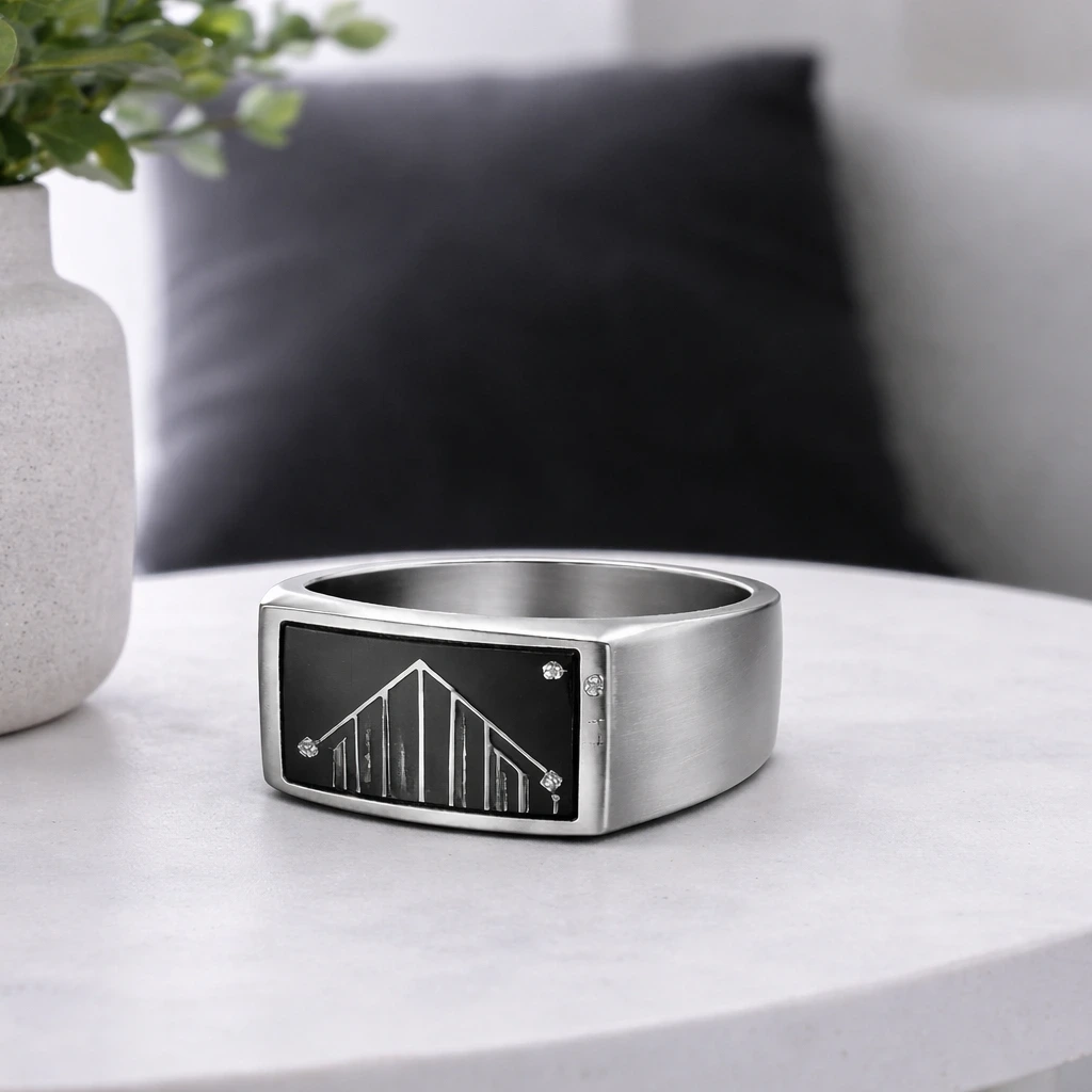 architectural ring with grey background and clean lines.