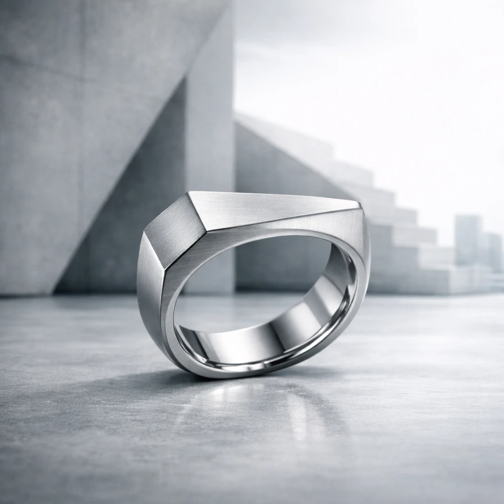 Modern geometric stainless steel ring with angular shape on concrete background