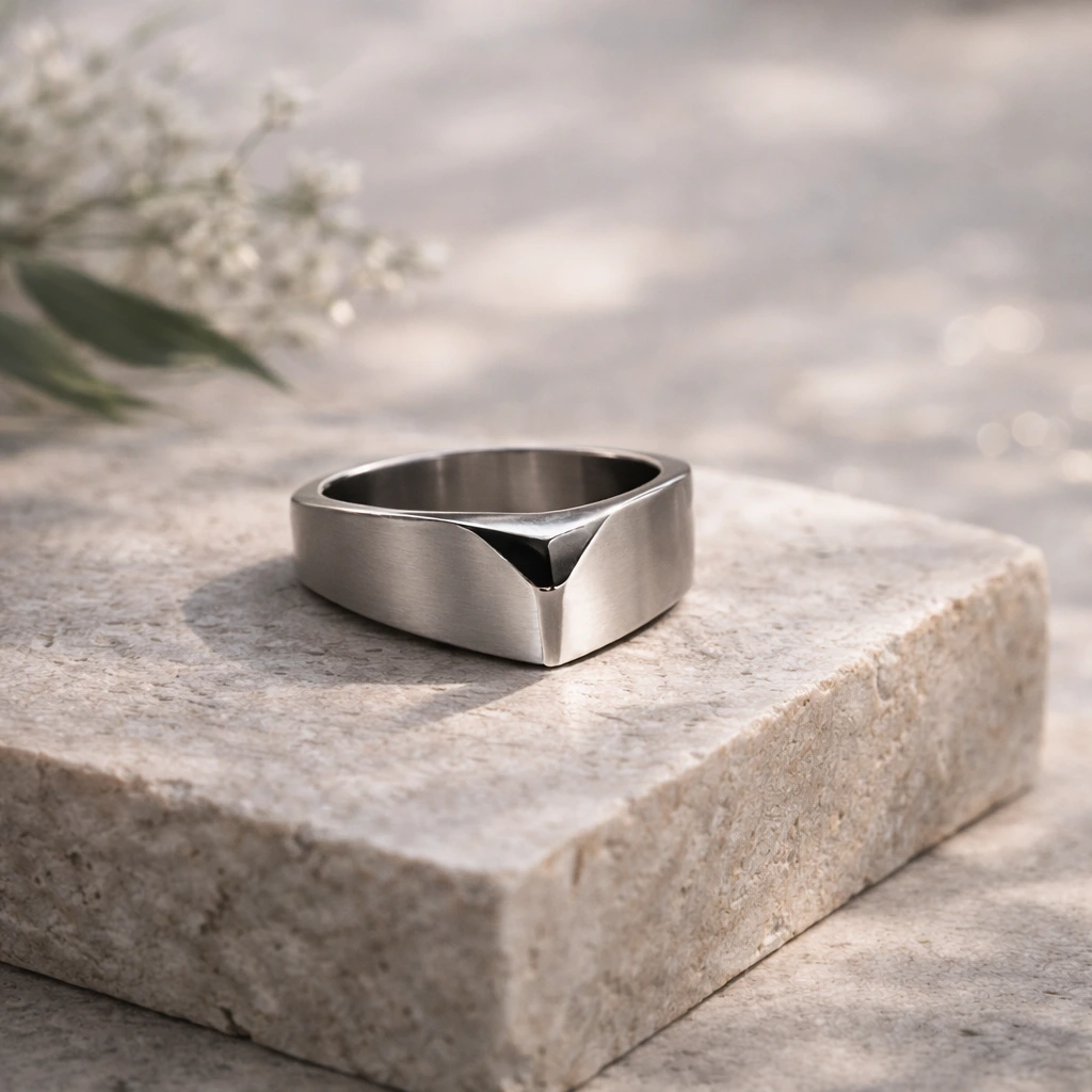 Minimalist stainless steel ring with black geometric detail on stone surface