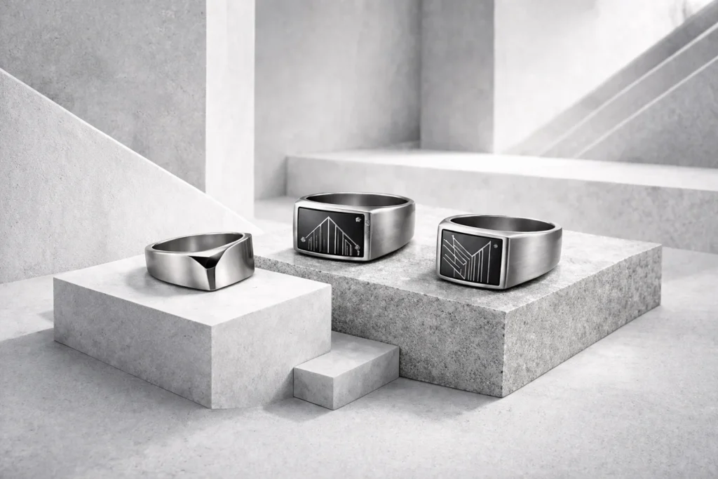 minimalist rings on modern silver projectors placed on light concrete steps