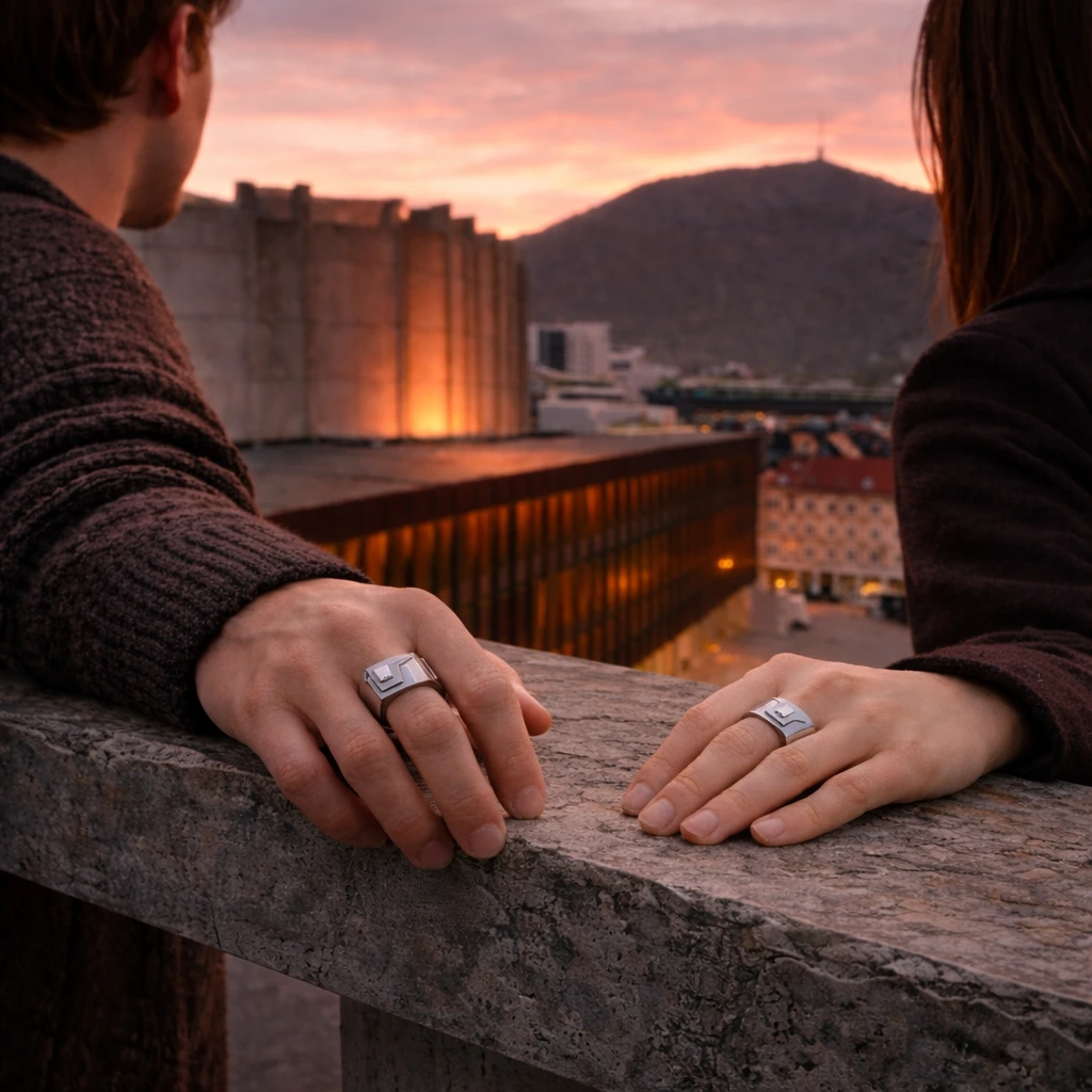 Unisex architectural stainless steel ring worn by man and woman overlooking Bergen with Grieghallen in the background