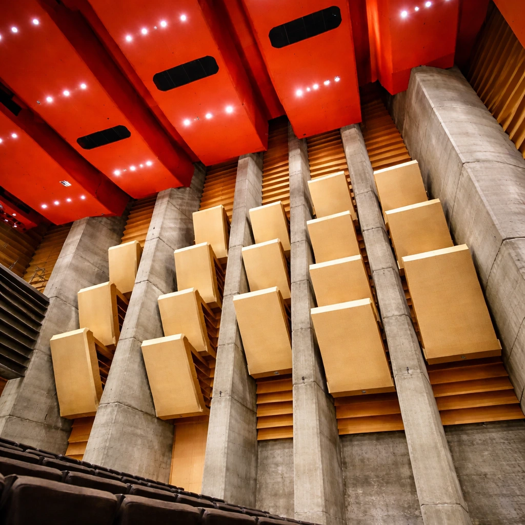 Interior of Grieghallen concert hall with acoustic panels and red ceiling, viewed from below.